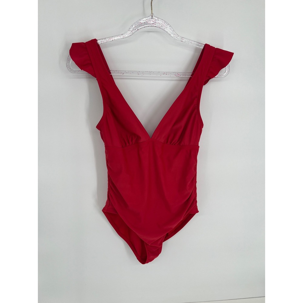 Kona Sol Womens Red Ruffle V-Neck Ruched One Piece Swimsuit Size M RN17730